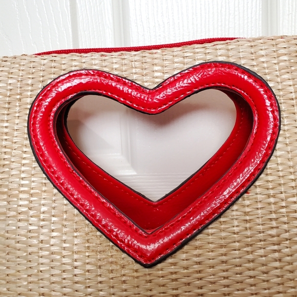 XOXO woven clutch bag natural bright red heart handle handbag imitation straw - Picture 3 of 15